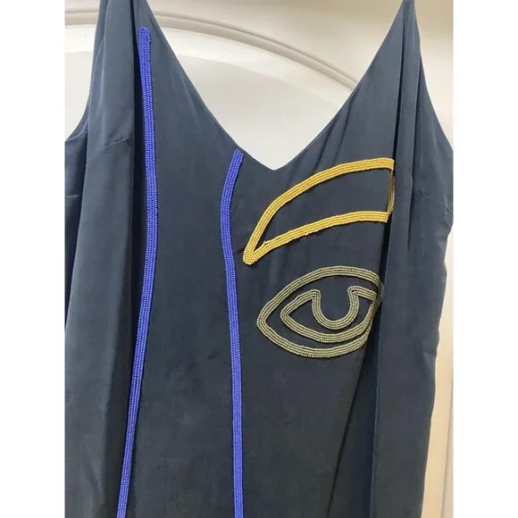 Mara Hoffman Georgia Face Dress Womens Large Beaded Art Slip Midi V Neck Strappy - Picture 3 of 7